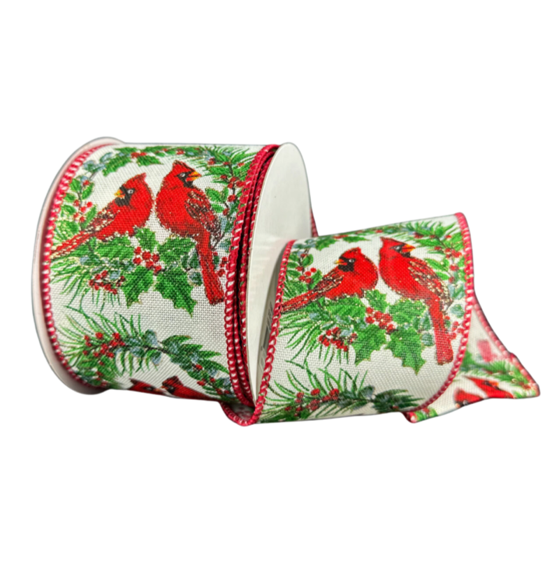 2.5"X10Y Cardinals In Wreath (Red/Green)