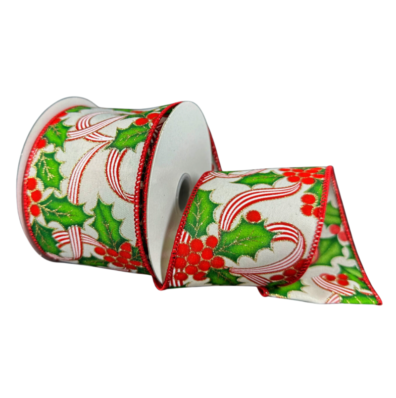 2.5"X10Y Holly W/ Striped Ribbon (Red/Green/White)
