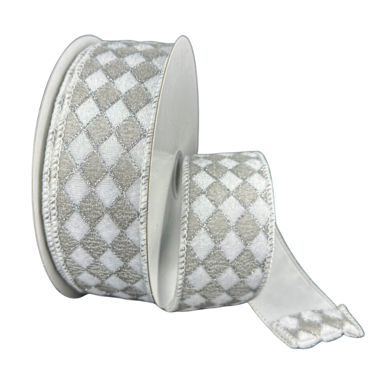 1.5"X10Y Velvet Diamond Harlequin (White/Grey/Silver)