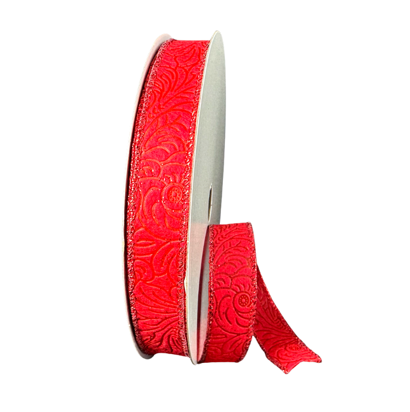 7/8"X50Y Glittered Flower Embossed (Red)