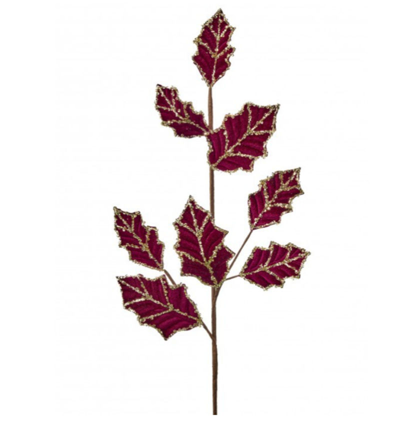 25" Velvet W/Glitter Holly Leaf Spray (Burgundy)