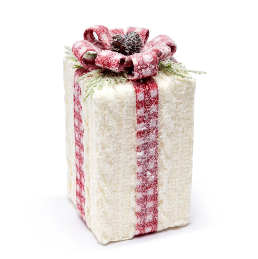 8.75" White Knit Plaid Ribbon Package