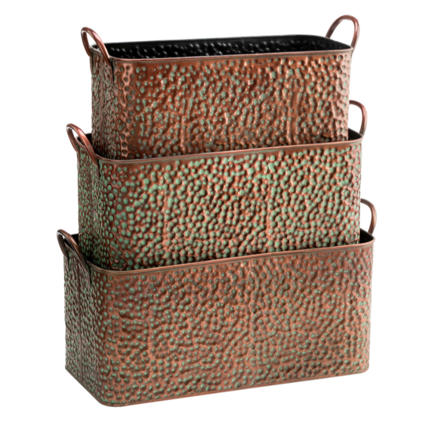 Rectangle Weathered Copper Pot, Set of 3