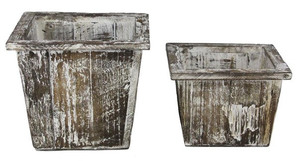S/2 8.75"-10.5"Sq Antique Wood Planter