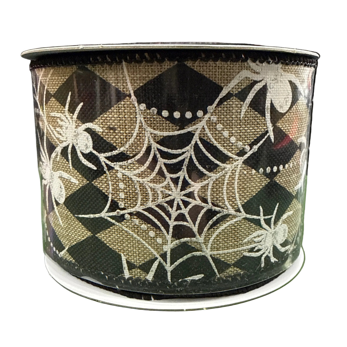 2.5” Burlap and Black Harlequin Spider Web Ribbon