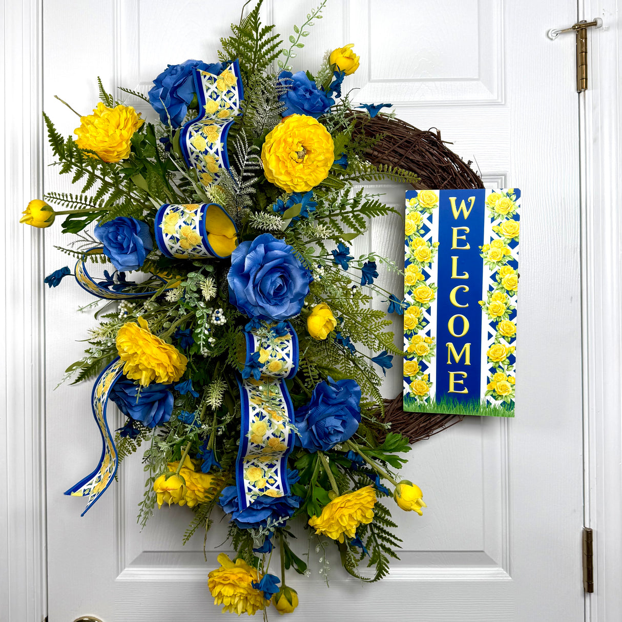 Yellow and Blue Welcome Rose Wreath (Completed Design)