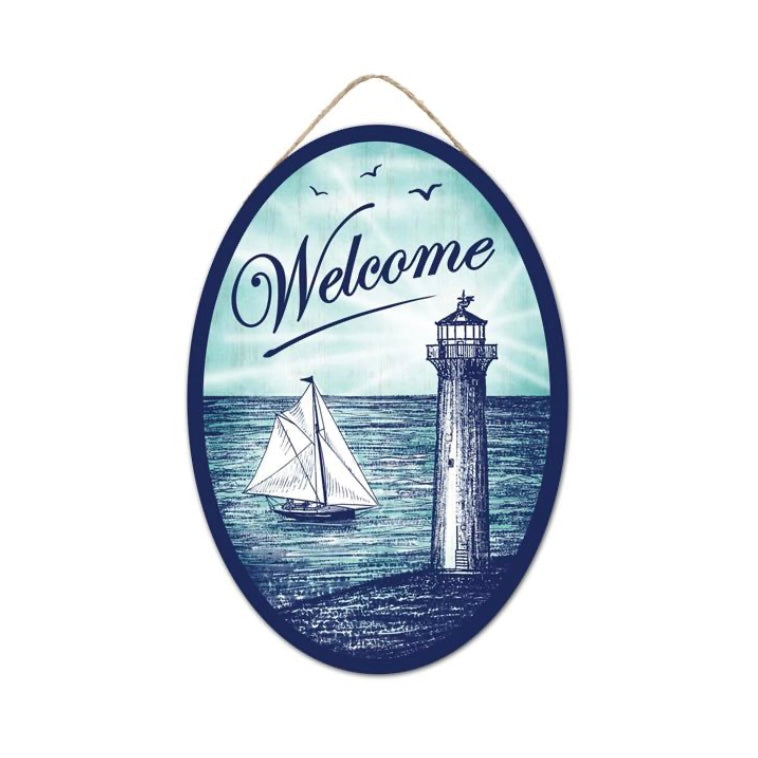 13"Hx9"L Welcome W/Lighthouse Oval Sign
