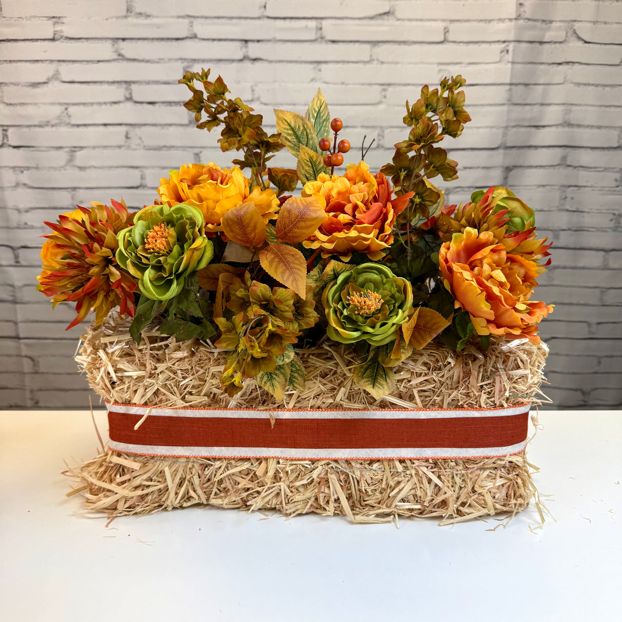 Straw Bale Peony Rose Arrangement