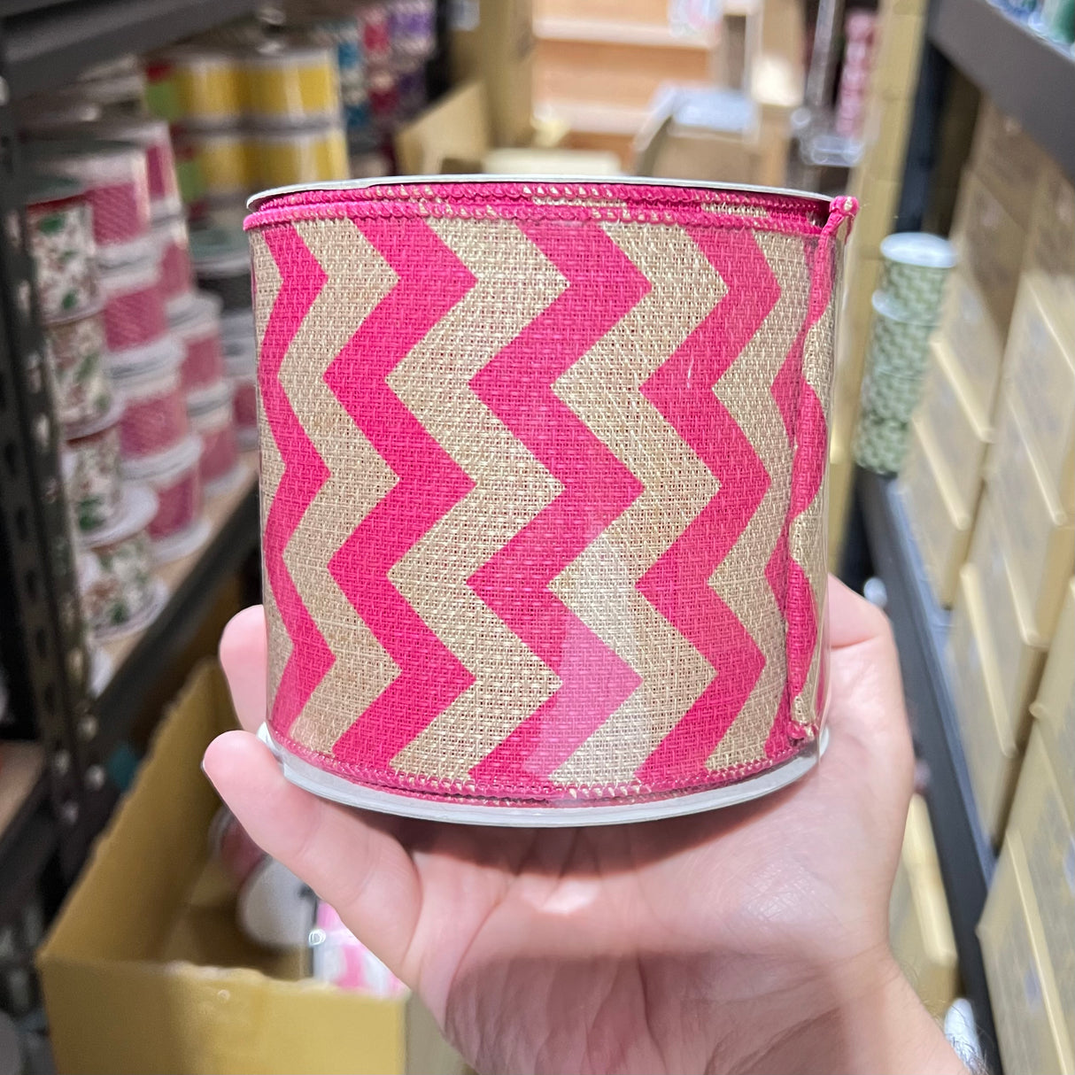 4” Burlap Fuchsia Hot Pink Chevron Wired Ribbon