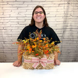 Straw Bale Mum Arrangement