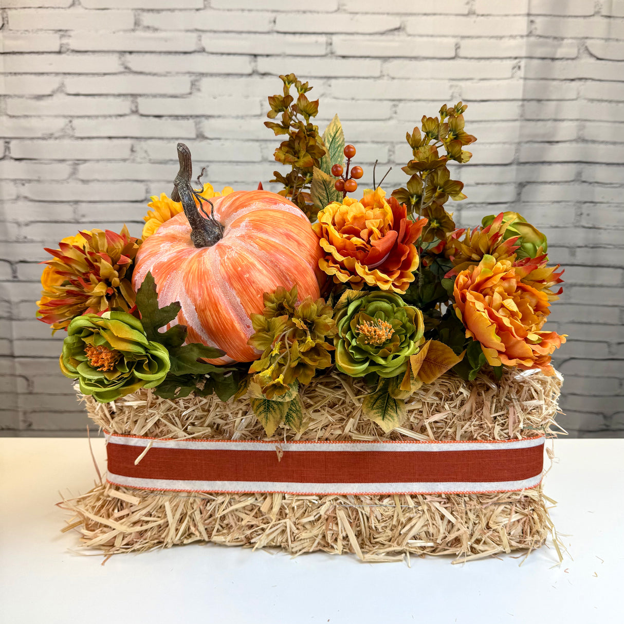 Straw Bale Peony Rose Arrangement