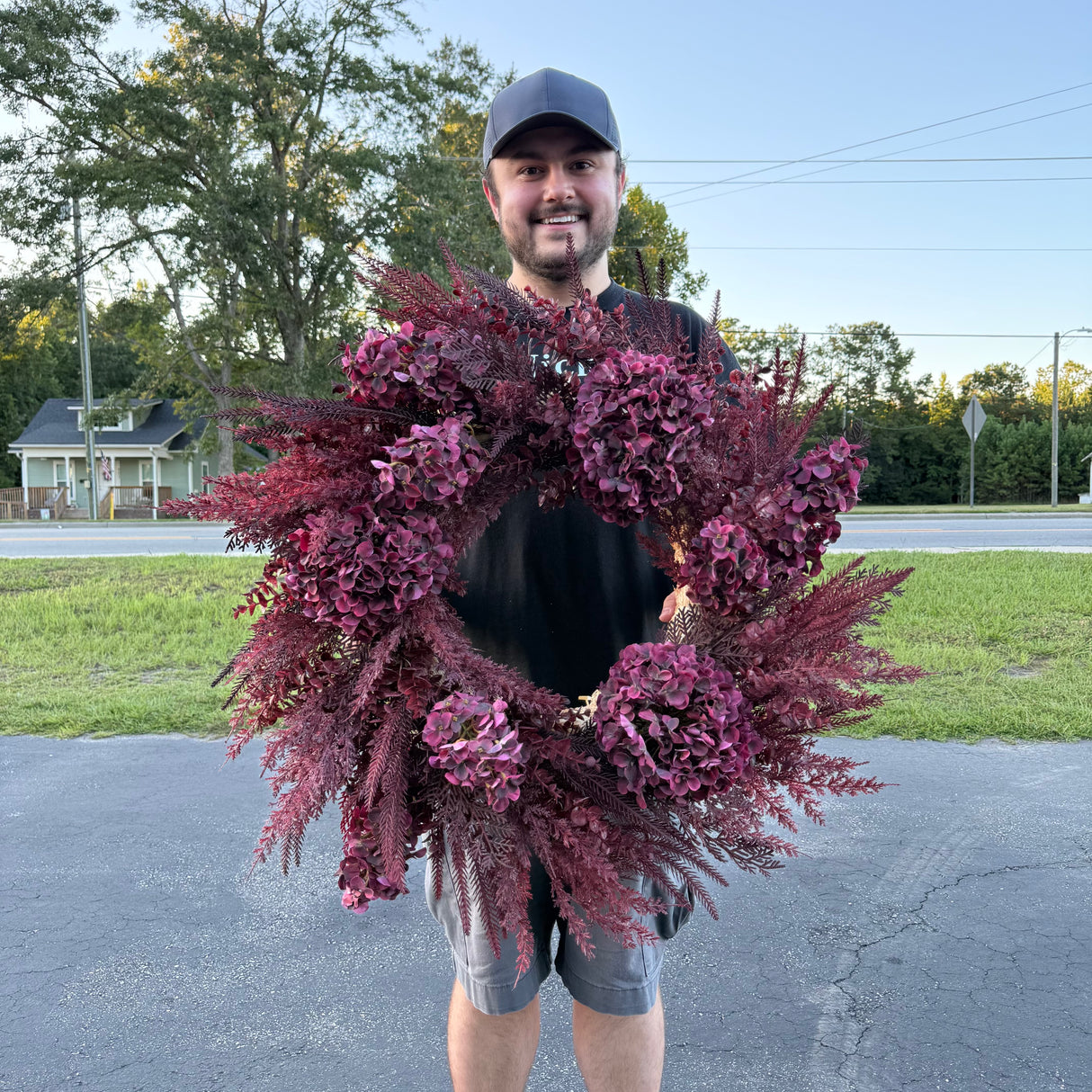 Burgundy Fall Hydrangea Straw Wreath (Completed Design)