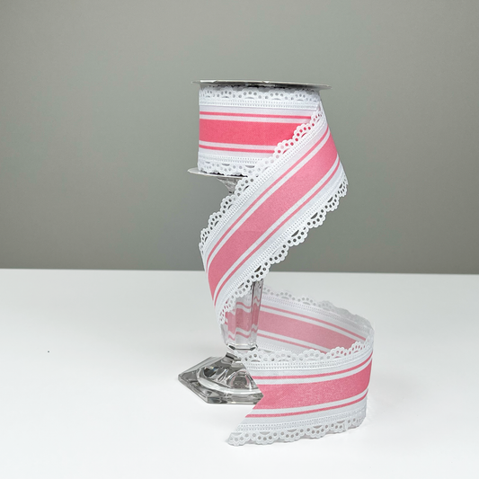 2.5"X10yd NSD Exclusive Pink Farmhouse Stripe White Lace