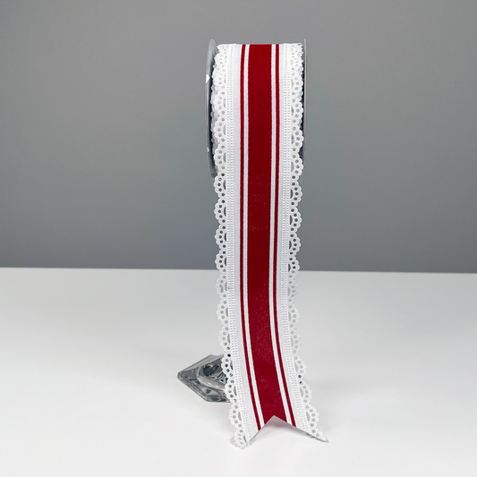 2.5"X10yd NSD Exclusive Red Farmhouse Stripe White Lace