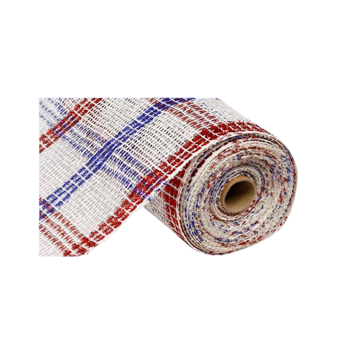 10"X10yd Poly Burlap/Tinsel Wide Check (Red/White/Blue)