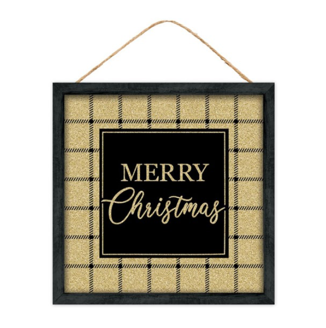 10"Sq Glitter Plaid Merry Christmas Sign