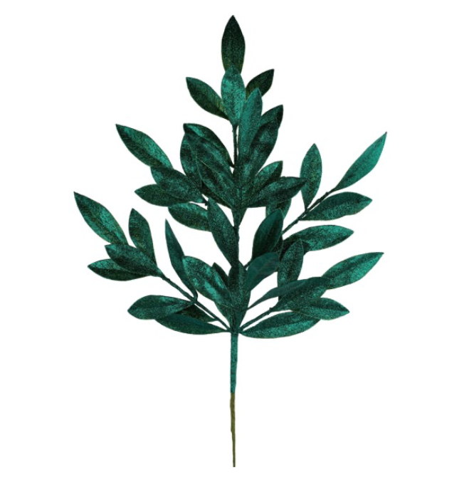 23"L Glitter Bay Leaf Spray (Hunter Green)