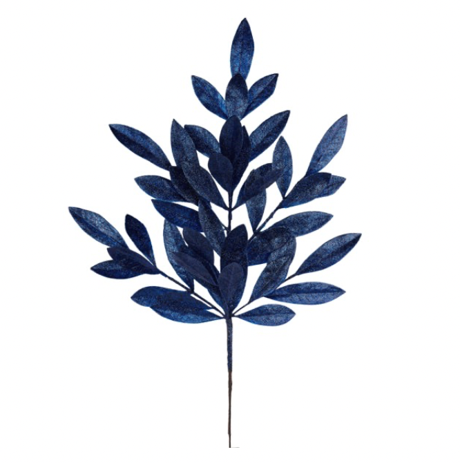 23"L Glitter Bay Leaf Spray (Navy Blue)