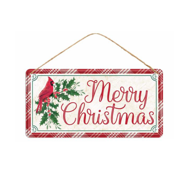 12"L Tin Merry Christmas/Cardinal Sign