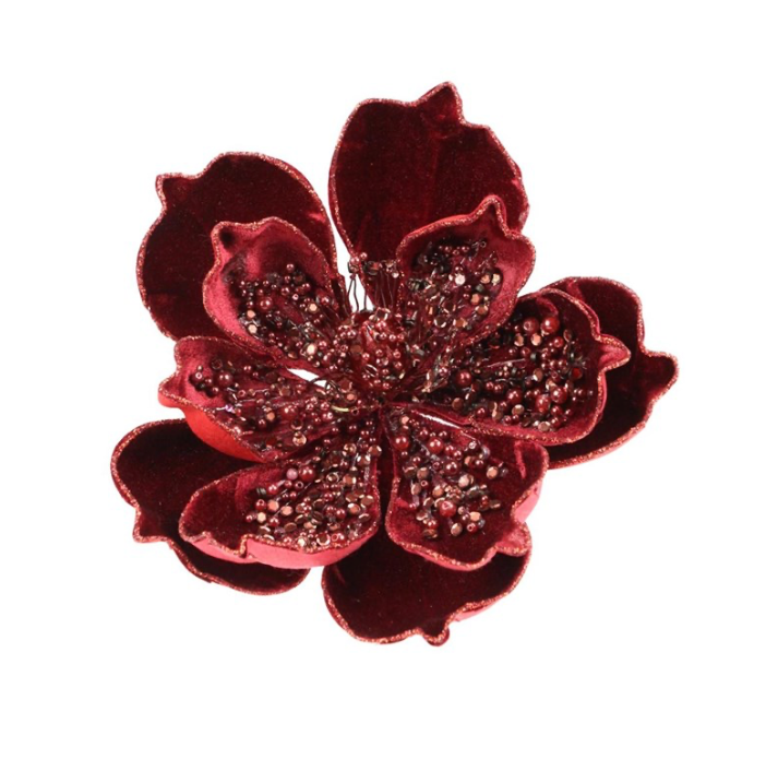 7.5"Dia Velvet/Bead Magnolia On Clip