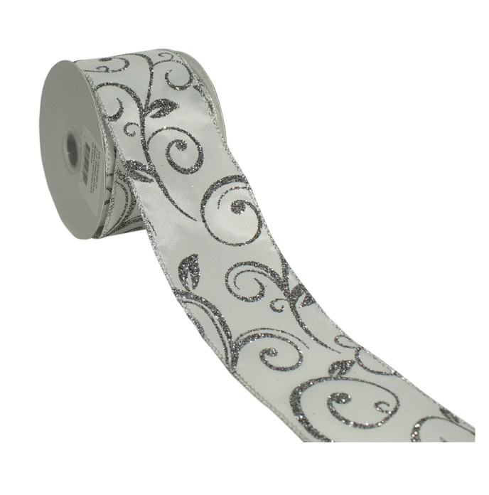 2 1/2" Wired Scroll Ribbon (White/Silver) 10 Yard Roll