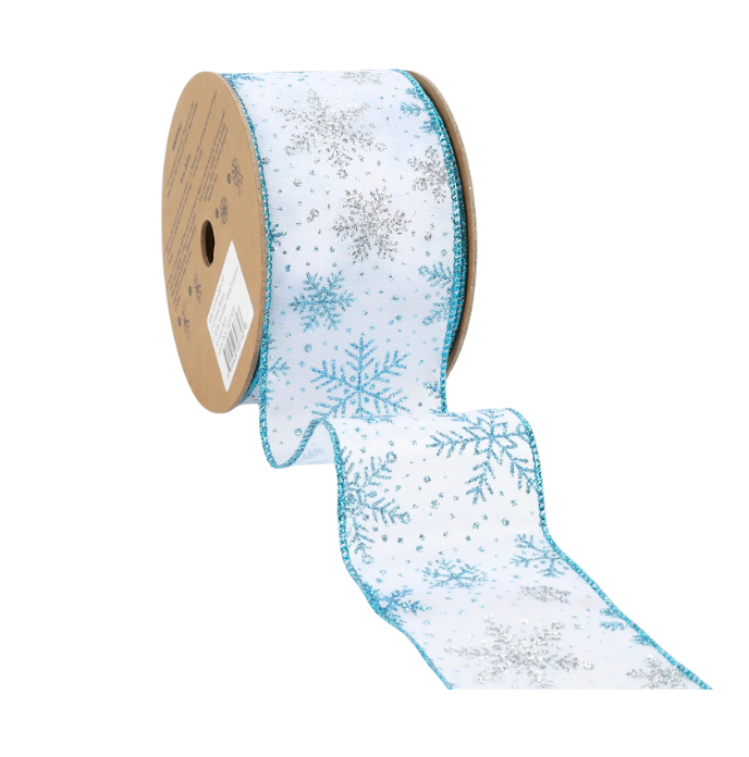 2 1/2" Glitter Snowflake Wired Ribbon (White/Turquoise) 10 Yard Roll