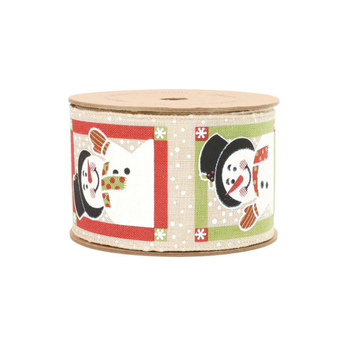 2 1/2" Snowman Wired Ribbon (Natural/Multi) 10 Yard Roll