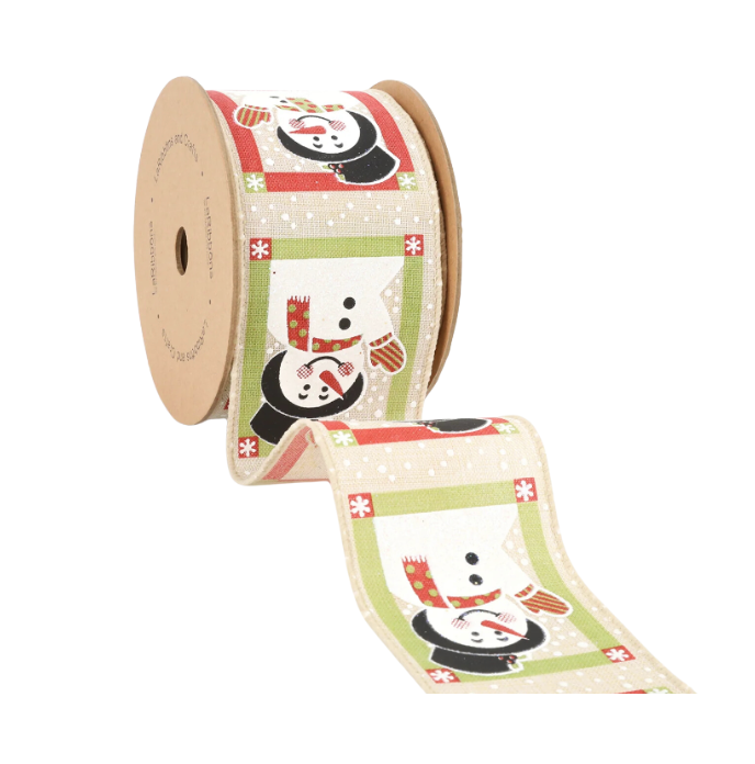 2 1/2" Snowman Wired Ribbon (Natural/Multi) 10 Yard Roll