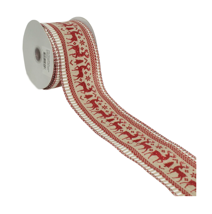 2 1/2" Reindeer Wired Ribbon (Natural/Red) 10 Yard Roll