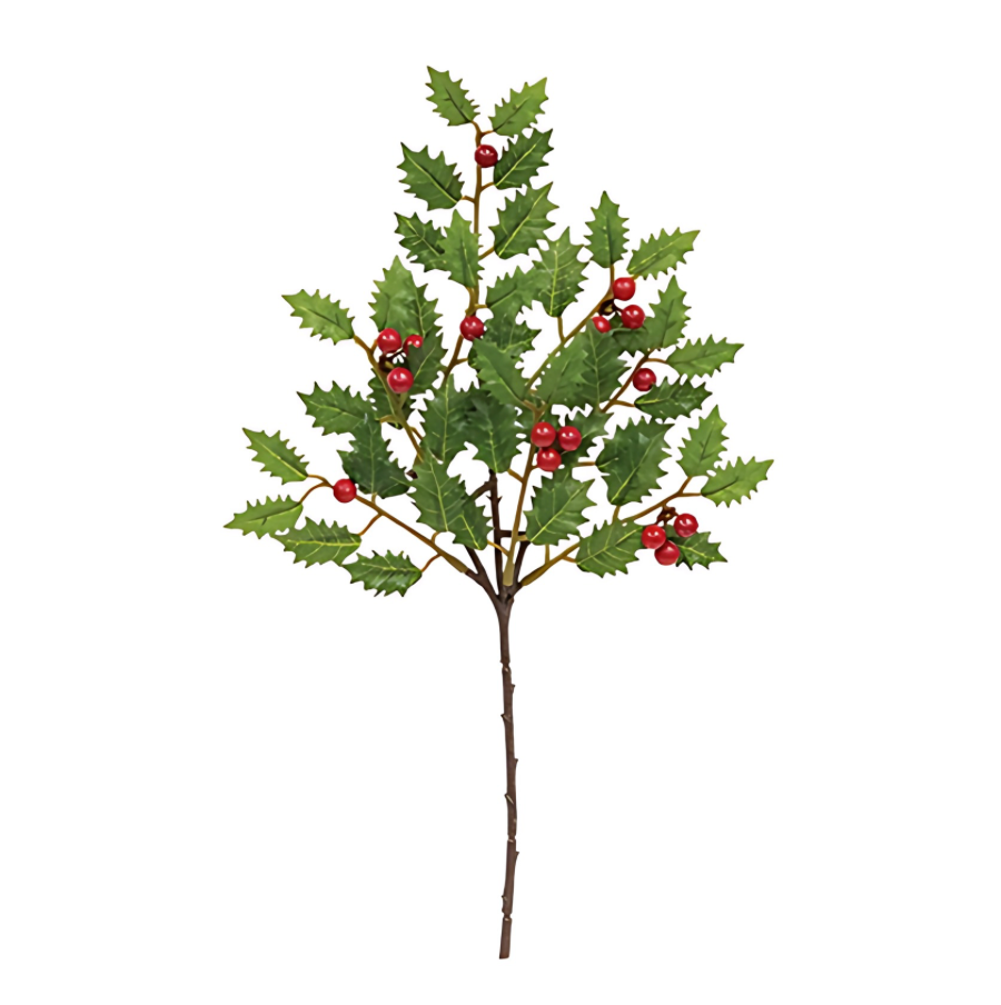 15" Green Holly & Berries Pick