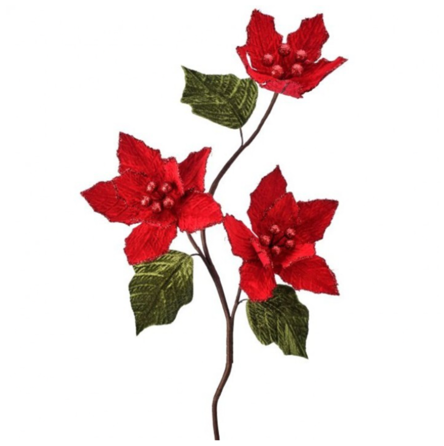 24" Glitter Edge Velvet Poinsettia X3 Spray