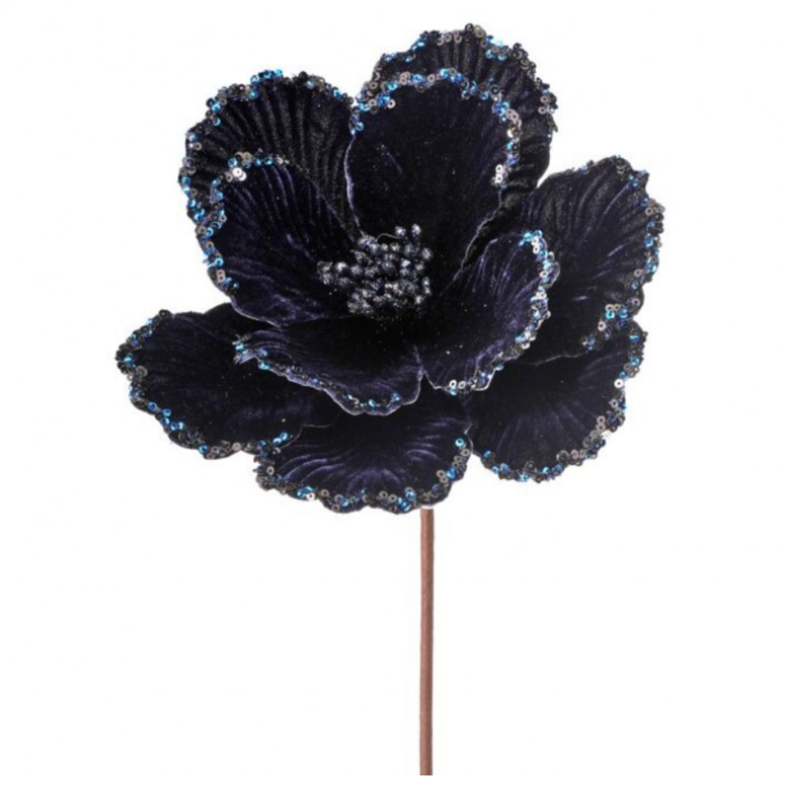 24" Velvet Glitter Bead Edge Magnolia Stem (Midnight Blue)