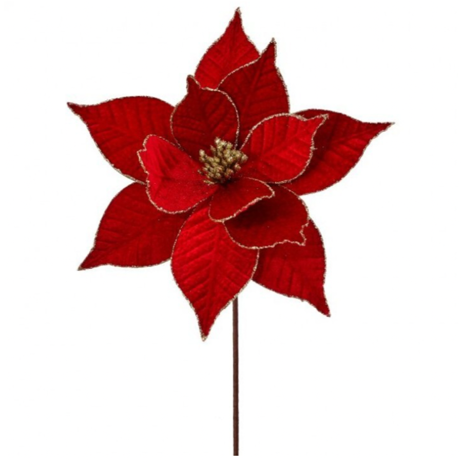 22" Velvet Leaf Poinsettia Stem (Red/Gold)