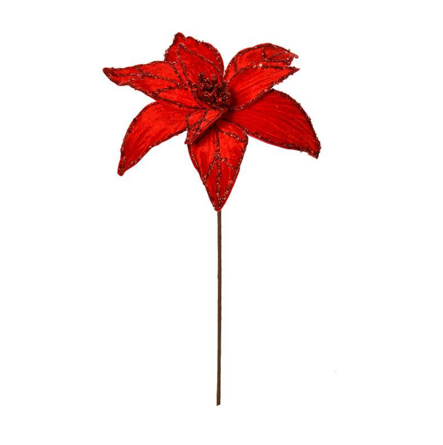 24" Glitter Veined Velvet Poinsettia Stem