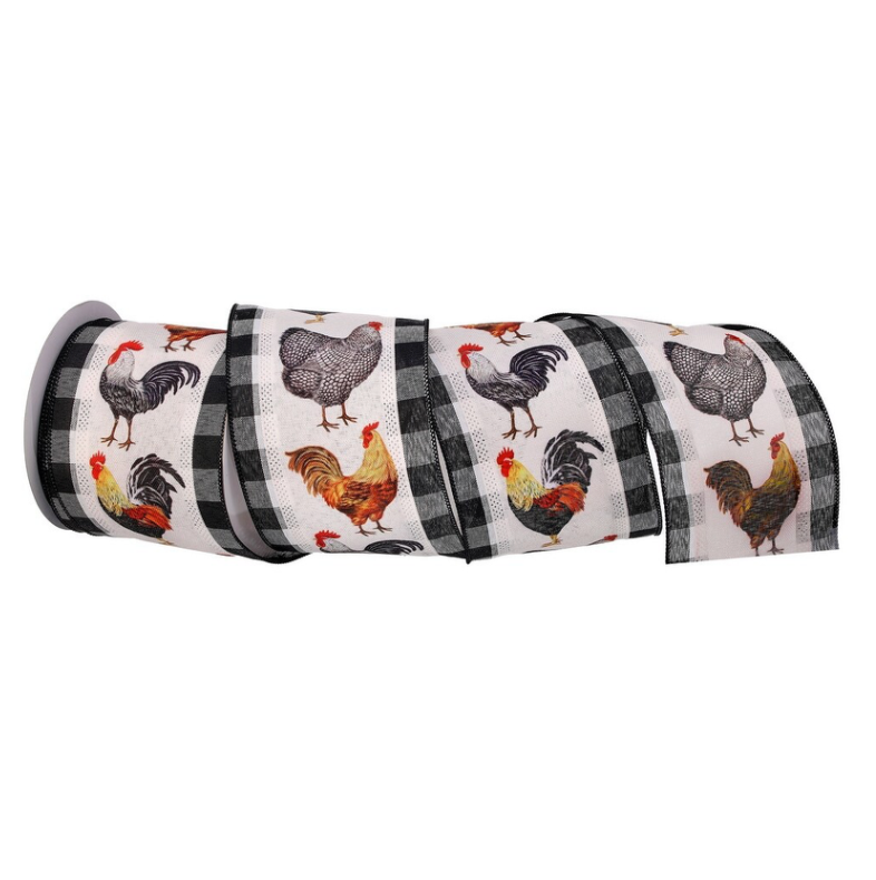 4"X10yd Country Chicken On Stripe Ribbon