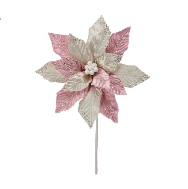 22" Sugared Glittered Poinsettia Stem (Pink/Cream)