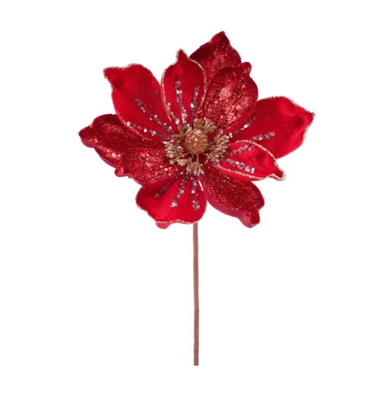 9"Dia Velvet/Glitter Magnolia Stem