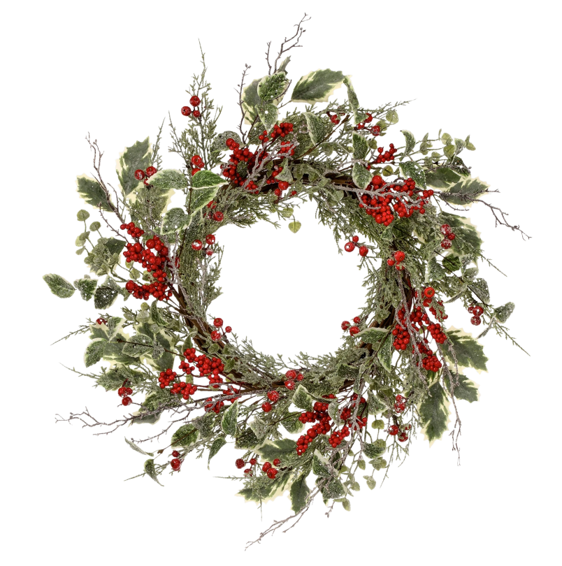 24" Winter Frosted W/Berry And Holly Wreath