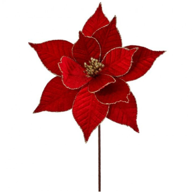 22" Velvet Leaf Poinsettia Stem (Red/Gold)