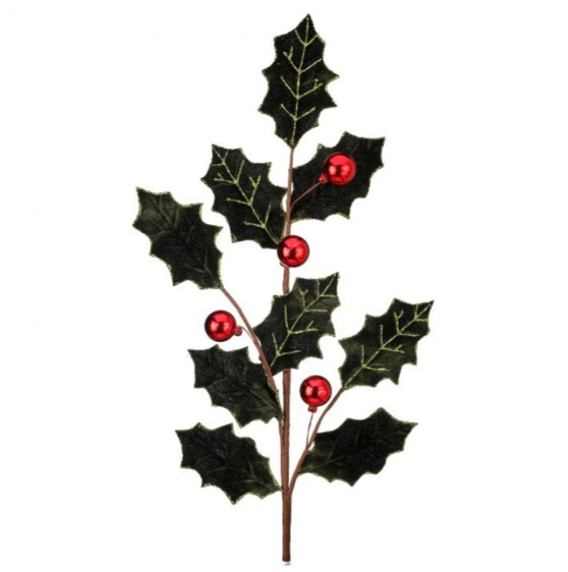 27" Velvet Holly Leaf Spray W/Ball