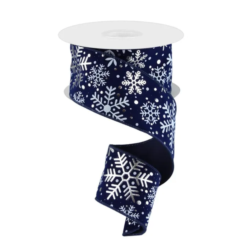 2.5" x 10yd Multi Snowflakes On Velvet (Navy & Silver)