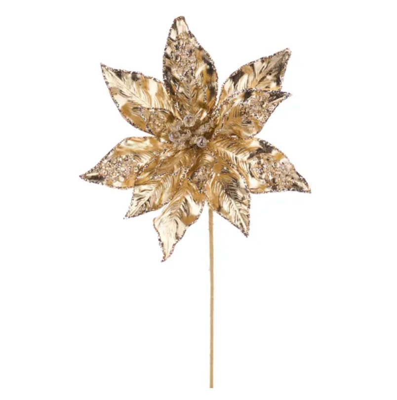 18.5"L Metallic/Bead Poinsettia Stem (Gold)