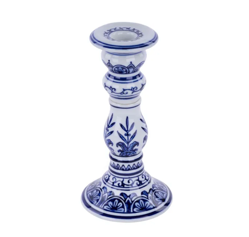8"H x 4"Dia Porcelain Chinoiserie Candlestick (Blue/White)