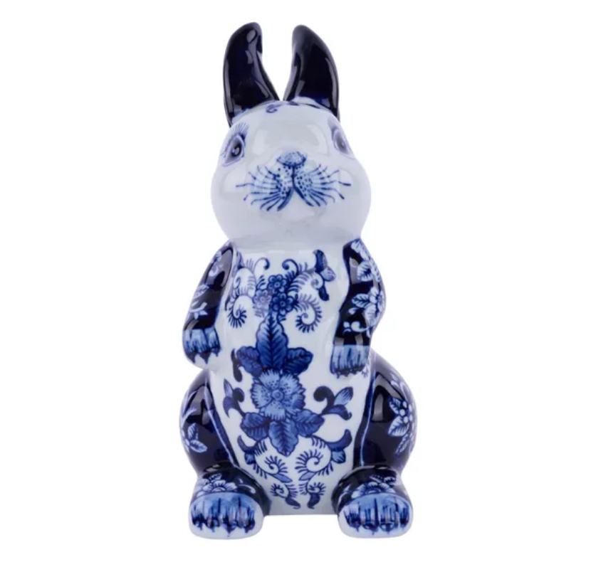 9.25"H x 5.5"L x 4.5"W Porcelain Chinoiserie Rabbit Bunny (Blue/White)