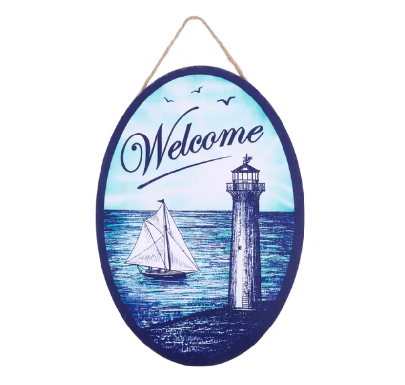 13"Hx9"L Welcome W/Lighthouse Oval Sign