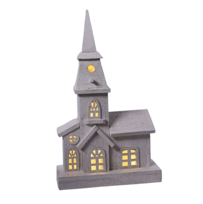 16"H x 9.5"L Wood Church W/Led Light (White)