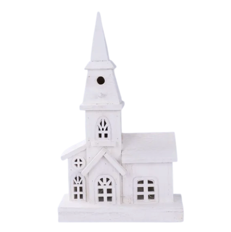 16"H x 9.5"L Wood Church W/Led Light (White)