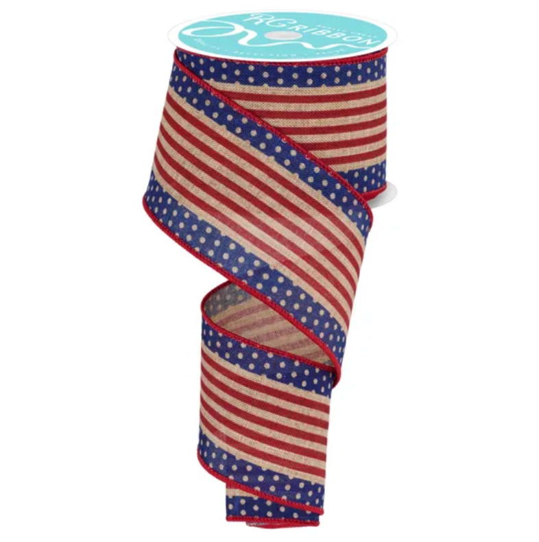 2.5" x 10yd Vertical Stripe/Polka Dot Edge (Beige/Red/Blue)
