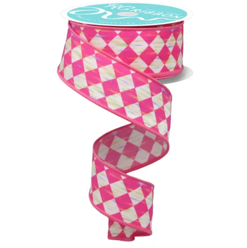 1.5" x 10yd Antique Diamond (Hot Pink/White)