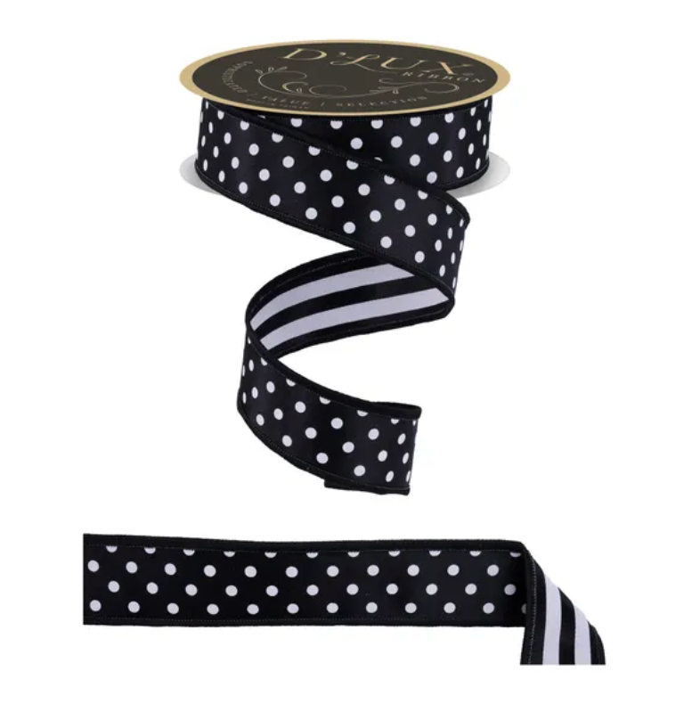 1.5" x 10yd Polka Dot/Stripe/Fused (Black/White)